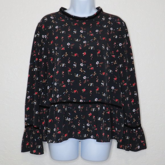 ZARA*‎ Women's Long Flare Sleeve Ruffled Hem Pullover Floral Blouse~ Size Large - Picture 1 of 7